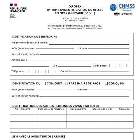 Aperçu du document DU OPEX Imprimé d'identification du blessé en OPEX (militaire/civil) — Particuliers, France (CERFA n°14820*02)
