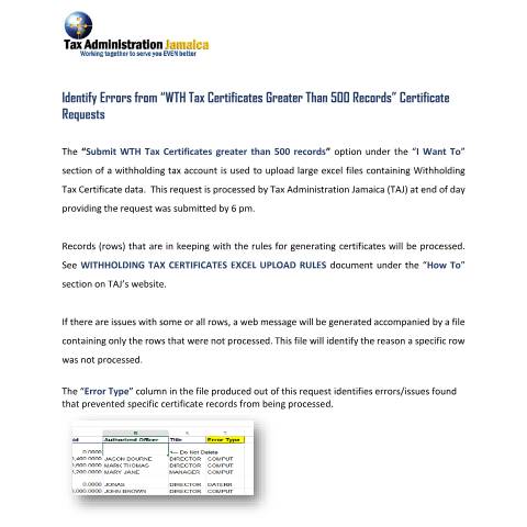 Document preview: Identify Error from "WTH Tax Certificates Greater than 500 records" Certificate Requests — Form, Jamaica (CERFA n°Doc+-+Identifying+errors+from+_WTH+Tax+Certs+greater+than+500+records_V2)