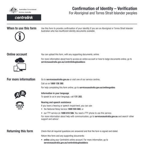 Document preview: Confirmation of Identity - Verification for Aboriginal and Torres Strait Islander people — Services Australia — Individuals (by code), Australia (CERFA n°RA010)