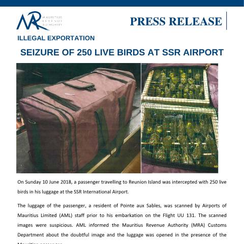 Document preview: Illegal Exportation - Seizure of 250 live birds at SSR Airport (15.06.18) — Document, Mauritius (CERFA n°IllegalExportation150618)