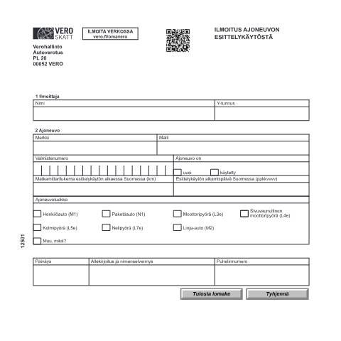 Document preview: Ilmoitus ajoneuvon esittelykäytöstä (1250) — Ilmoitus ajoneuvon esittelykäytöstä (1250), Suomi (CERFA n°Vero 1250)