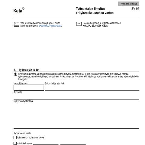 Document preview: Työnantajan ilmoitus erityisraskausrahaa varten — Lapsen syntymä ja hoito, Suomi (CERFA n°Kela SV 96)