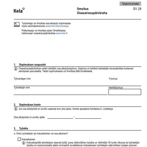 Document preview: Ilmoitus - Osasairauspäiväraha — Sairastaminen, Suomi (CERFA n°Kela SV 28)