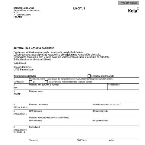 Document preview: Ilmoitus - Rintamalisää koskeva tarkistus — Eläkkeellä, Suomi (CERFA n°Kela E 168)