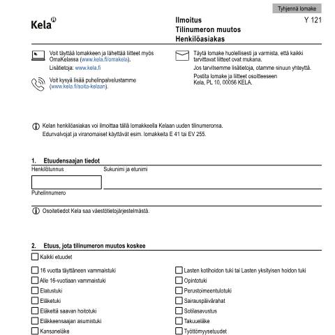 Document preview: Ilmoitus – Tilinumeron muutos – Henkilöasiakas — Muut lomakkeet, Suomi (CERFA n°Kela Y 121)