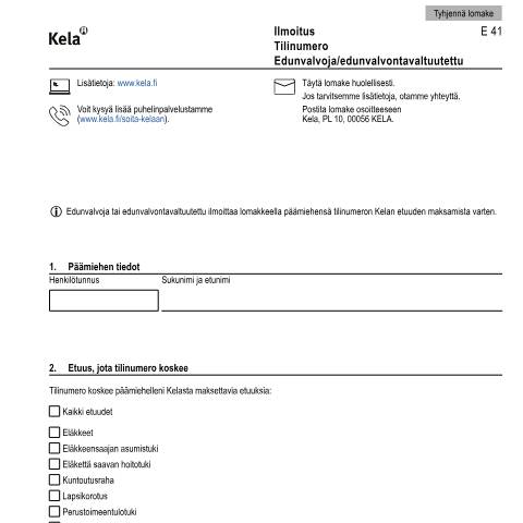Document preview: Ilmoitus - Tilinumero - Edunvalvoja/edunvalvontavaltuutettu — Kumppanit, Suomi (CERFA n°Kela E 41)