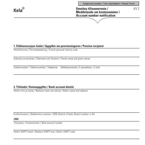 Document preview: Ilmoitus tilinumerosta / Meddelande om kontonummer / Account number notification — Eläkkeellä, Suomi (CERFA n°Kela KV 2)