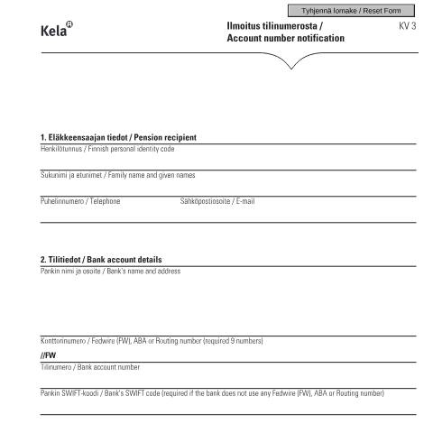 Document preview: Ilmoitus tilinumerosta / Account number notification — Eläkkeellä, Suomi (CERFA n°Kela KV 3)