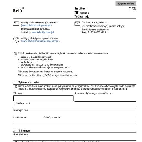 Document preview: Ilmoitus - Tilinumero - Työnantaja — Kuntoutus, Suomi (CERFA n°Kela Y 122)
