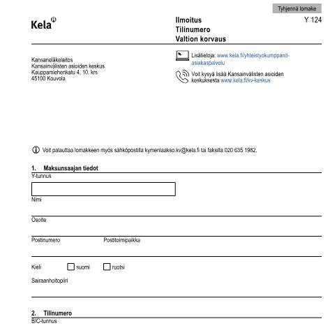Document preview: Ilmoitus - Tilinumero - Valtion korvaus — Kumppanit, Suomi (CERFA n°Kela Y 124)