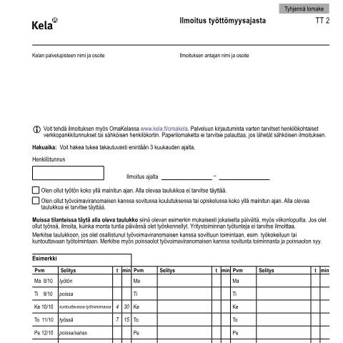 Document preview: Ilmoitus työttömyysajasta — Työttömyys, Suomi (CERFA n°Kela TT 2)