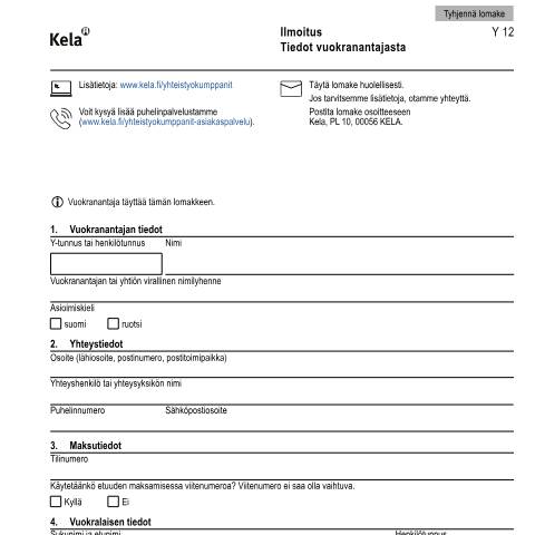 Document preview: Ilmoitus - Tiedot vuokranantajasta — Asuminen, Suomi (CERFA n°Kela Y 12)