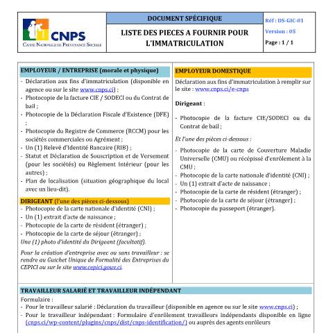 Aperçu du document LISTE DES PIECES POUR L’IMMATRICULATION NOUVEAU — Document CNPS (prévoyance sociale), Côte d'Ivoire