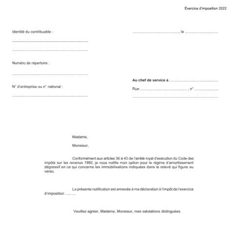Aperçu du document Immobilisations à amortir de manière dégressive — SPF Finances, Belgique (CERFA n°155-328k)