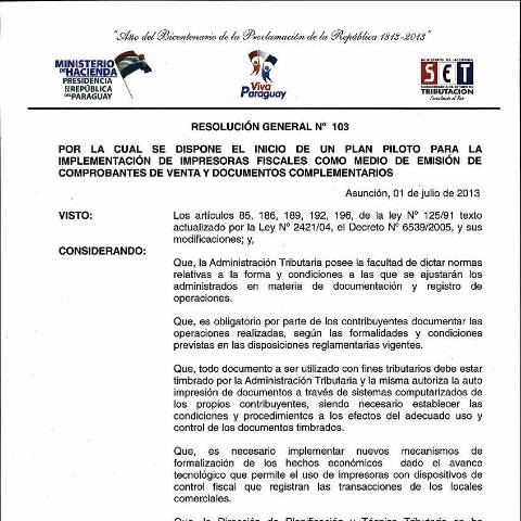 Vista previa del documento Resolución General Nro. 103 13 — Facturacion Y Timbrado, Paraguay