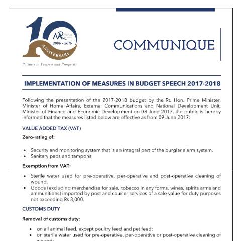 Document preview: Implementation of measures in Budget Speech 2017-2018 (09.06.17) — Document, Mauritius (CERFA n°BudgetaryMeasures2017)