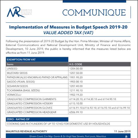 Document preview: Implementation of Measures in Budget Speech 2019-20 (11.06.19) — Document, Mauritius (CERFA n°BudgetMeasures2019-20)