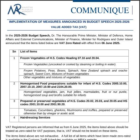Document preview: Value Added Tax (VAT) - Implementation of Measures announced in Budget Speech 2025 - 2026 (12.06.25) — Notice / Circular, Mauritius (CERFA n°CommuniqueVAT120625)