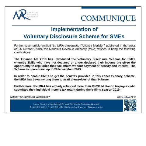 Document preview: Implementation of Voluntary Disclosure Scheme for SMEs (28.10.19) — Document, Mauritius (CERFA n°VDSME281019)