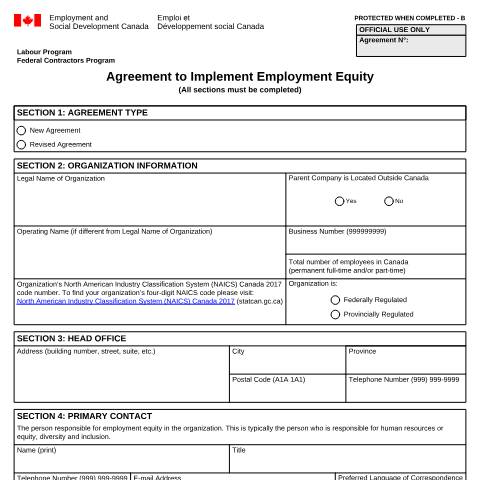 Document preview: Agreement to Implement Employment Equity — Labour, Canada (CERFA n°LAB1215)