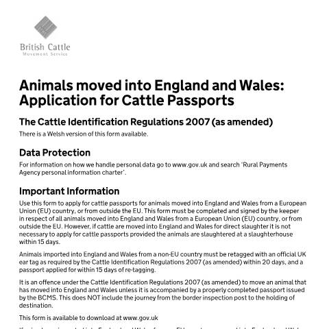 Document preview: Importing or moving cattle into England or Wales: application for cattle passports — British Cattle Movement Service, Rural Payments Agency, United Kingdom