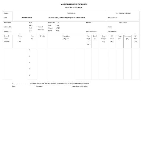 Document preview: Imports from Agalega, Rodrigues, St Brandon — Document, Mauritius (CERFA n°Form33ImportsfromAgalegaRodriguesStBrandon)