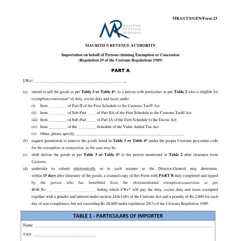 Document preview: Application for Importation on behalf of Persons Claiming Exemption or Concession — Form, Mauritius (CERFA n°MRA-CUS-GEN-FORM23)