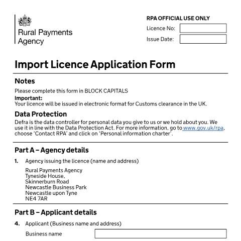 Document preview: Import licence application form for agricultural products — Rural Payments Agency, United Kingdom