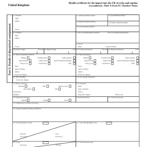 Document preview: Import ovine, caprine ova or embryos (part A;  2014/802): health certificate — Animal and Plant Health Agency, United Kingdom
