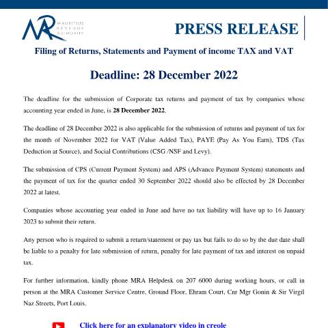 Document preview: 28 December 2022 : Deadline for Filing of Returns, Statements and Payment of income TAX and VAT (26.12.22) — Form, Mauritius (CERFA n°PressRelease261222)