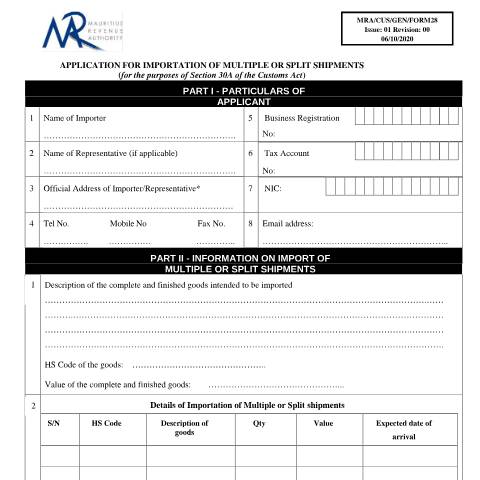 Document preview: Application Form for Importation of Multiple or Split Shipments — Form, Mauritius (CERFA n°MRA-CUS-GEN-Form28)