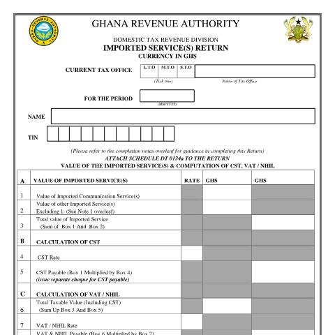 Document preview: Imported Service Return Form — tax, Ghana (CERFA n°DT-0134)