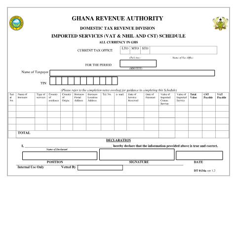 Document preview: Imported Service Schedule — tax, Ghana (CERFA n°DT-0134A)