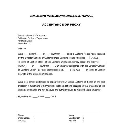 Document preview: Importers Acceptance of Proxy — Proxy Documents, Sri Lanka