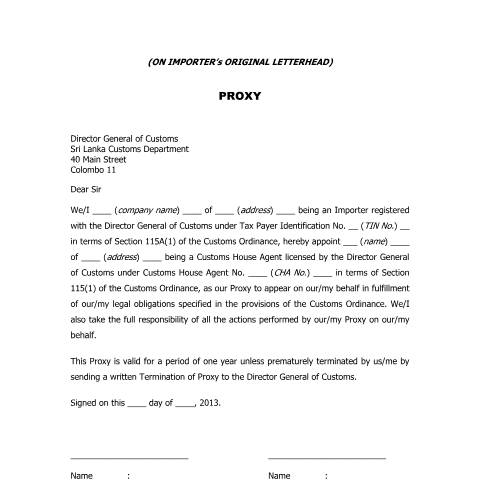 Document preview: Importers Proxy — Proxy Documents, Sri Lanka