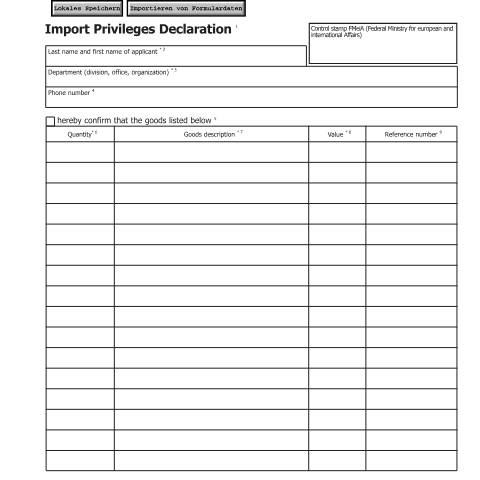 Dokumentvorschau: ZBefr1-E — Import Privileges Declaration — Zoll, Österreich (CERFA n°ZBefr1-E)