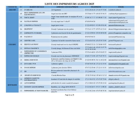 Aperçu du document LISTE DES IMPRIMEURS AGREES — Document officiel, Côte d'Ivoire