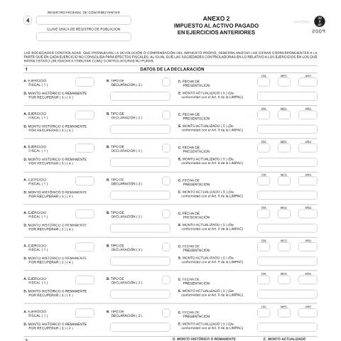 Vista previa del documento Impuesto al activo pagado en ejercicios anteriores. Esta forma es de libre impresión. — Código Fiscal de la Federación (CFF), México (CERFA n°Anexo 2 de las formas oficiales 32 y 41)