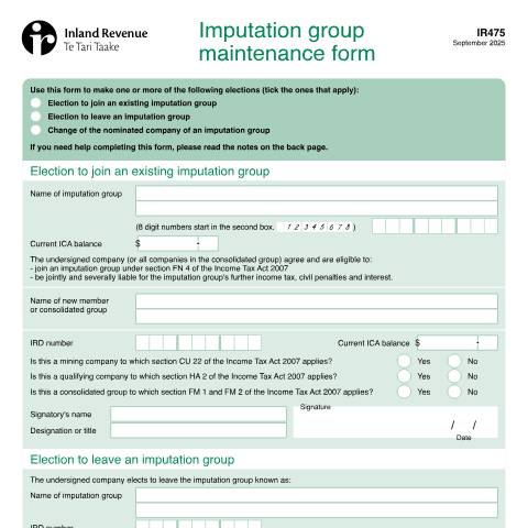 Document preview: Imputation group maintenance form — Income tax, New Zealand (CERFA n°IR475)