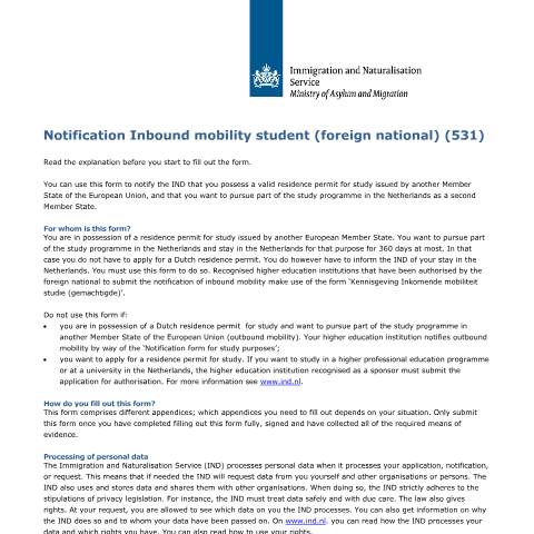 Documentvoorvertoning: Notification Inbound mobility student (foreign national) — IND — immigratie, Nederland (CERFA n°7568)