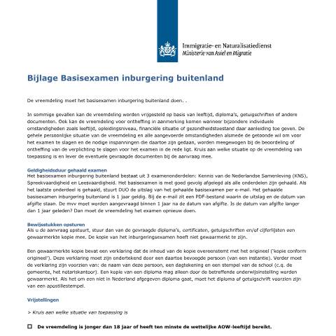 Documentvoorvertoning: Bijlage Basisexamen inburgering buitenland — IND — immigratie, Nederland (CERFA n°7106)