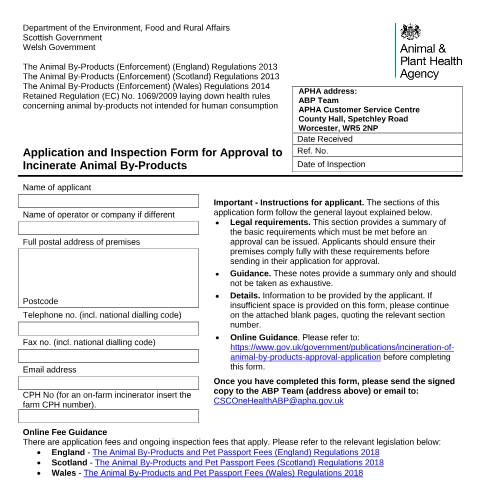 Document preview: Incineration of animal by-products: approval application — Animal and Plant Health Agency, United Kingdom