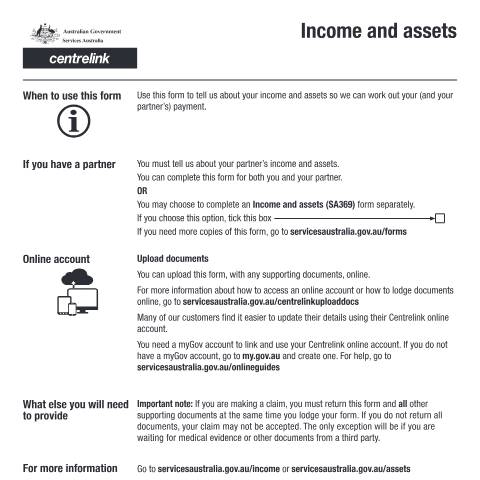 Document preview: Income and assets — Services Australia — Individuals (by code), Australia (CERFA n°SA369)