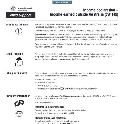 Document preview: Income Declaration - Income earned outside Australia — Services Australia — Individuals (by code), Australia (CERFA n°CS4145)