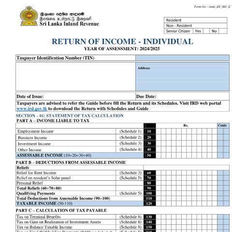 Document preview: Return of Income - [Asmt_IIT_001_E] — Individuals, Sri Lanka (CERFA n°Asmt_IIT_001_2024)
