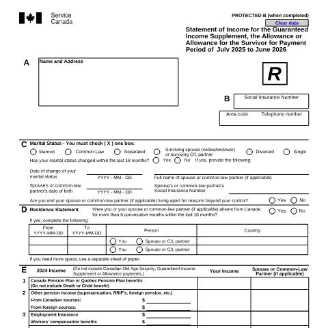 Document preview: Statement of Income for the Guaranteed Income Supplement, the Allowance or Allowance for the Survivor for payment period of July (20XX) to June (20XX) with Information Sheet — Income Security Programs, Canada (CERFA n°ISP3026)