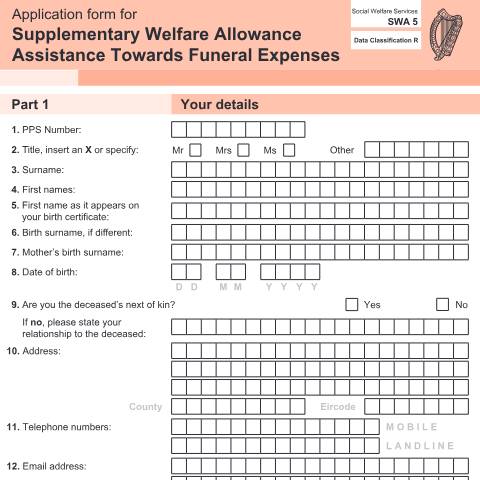 Document preview: Income supports following a bereavement — application form for supplementary welfare allowance assistance towards funeral expens — Department of Social Protection, Ireland
