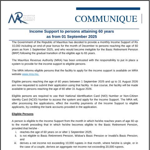 Document preview: Income Support to persons attaining 60 years as from 01 September 2025 (14.08.25) — Document, Mauritius (CERFA n°IncomeSupport140825)