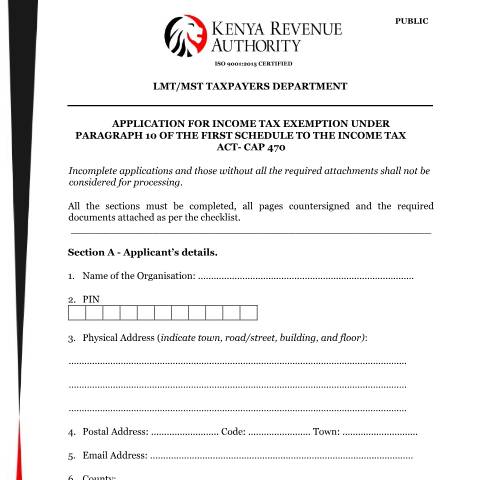 Document preview: Income Tax Exemption Application Form — Form, Kenya (CERFA n°New-Income-Tax-Exemptions-Application-Form)