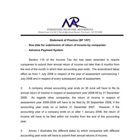 Document preview: SP 01/07 — Reference, Mauritius (CERFA n°StatementPractice)